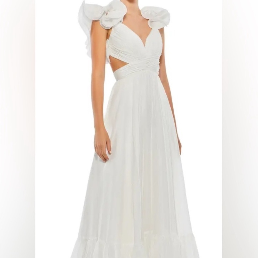 Mac Duggal Rosette Chiffon Cutout Empire Waist Gown - White- Women's 14